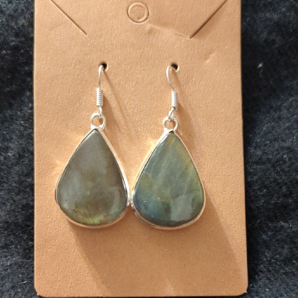 Silver Plated Gray Labradorite Gemstone Teardrop Dangle Statement Earrings